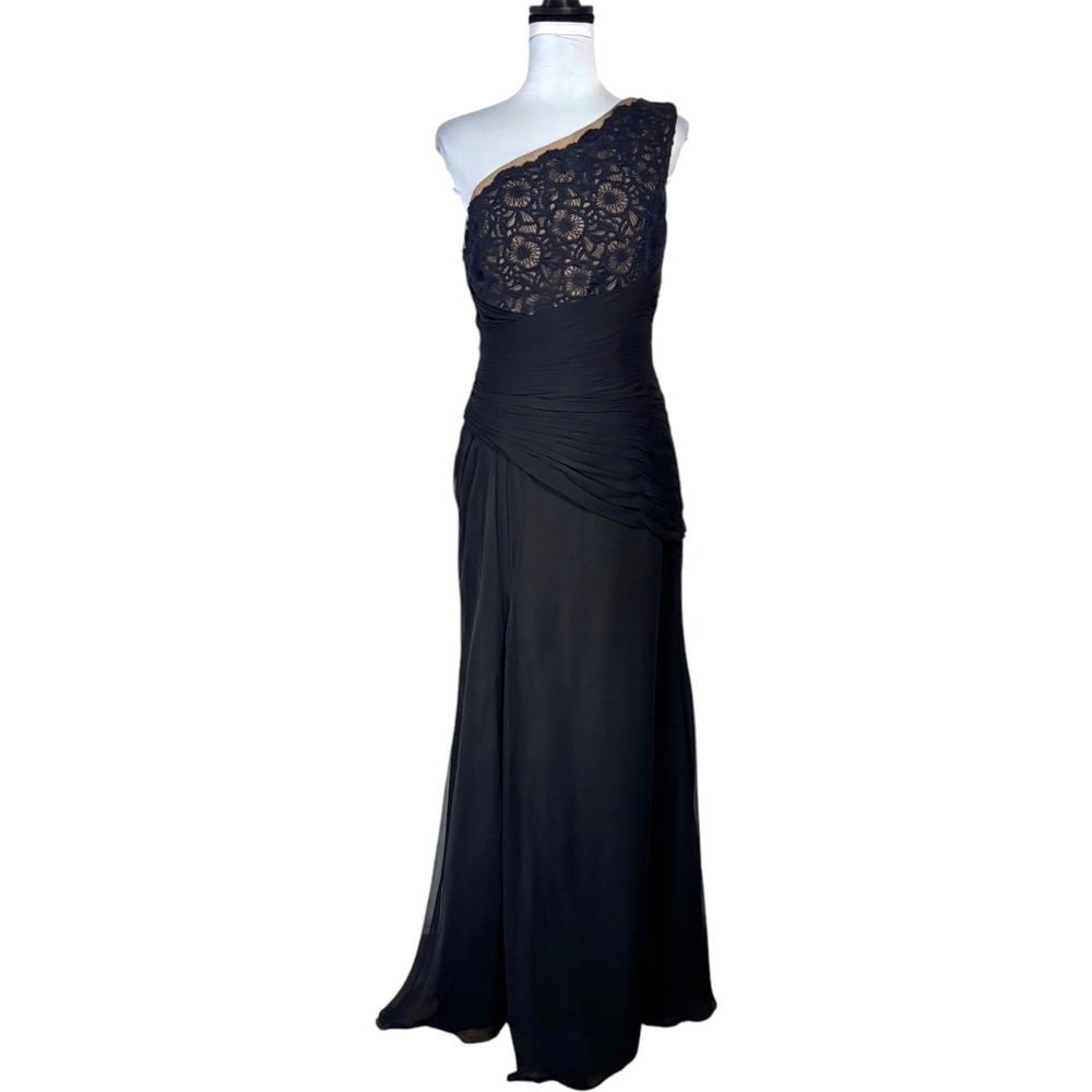 Monique Lhuillier Black Silk Lace Illusion Ruched Evening Gown 6 Maxi Dress